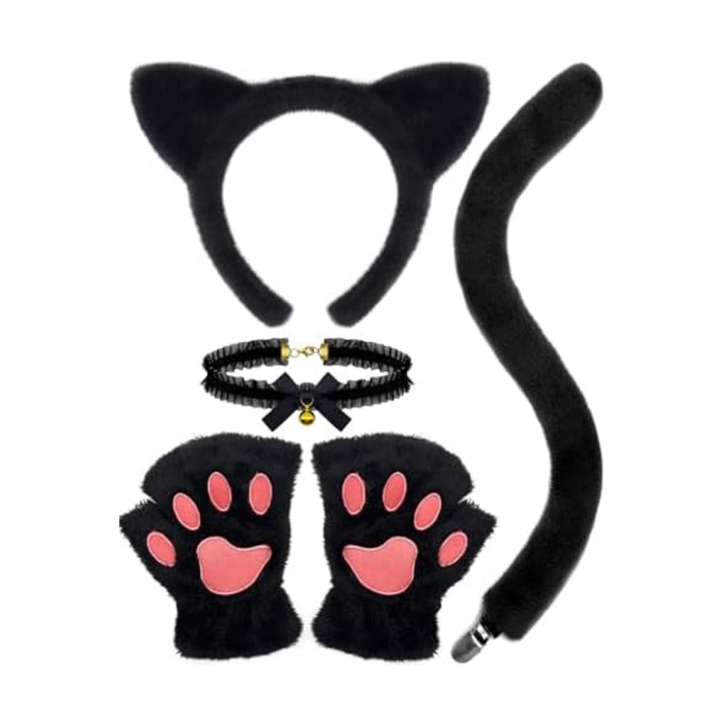 Black Cat Costume Accessories - Cat Ears Headband Tail Paws Gloves Choker Fluffy Cute Set for Adult Women Halloween