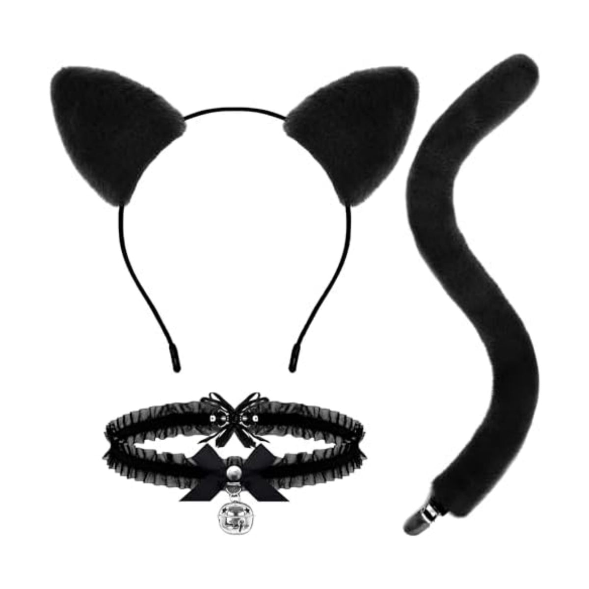 DysanVica Black Cat Costume Accessories - Cute Fluffy Cat Ears Headband Tail Collar for Adult Women Halloween