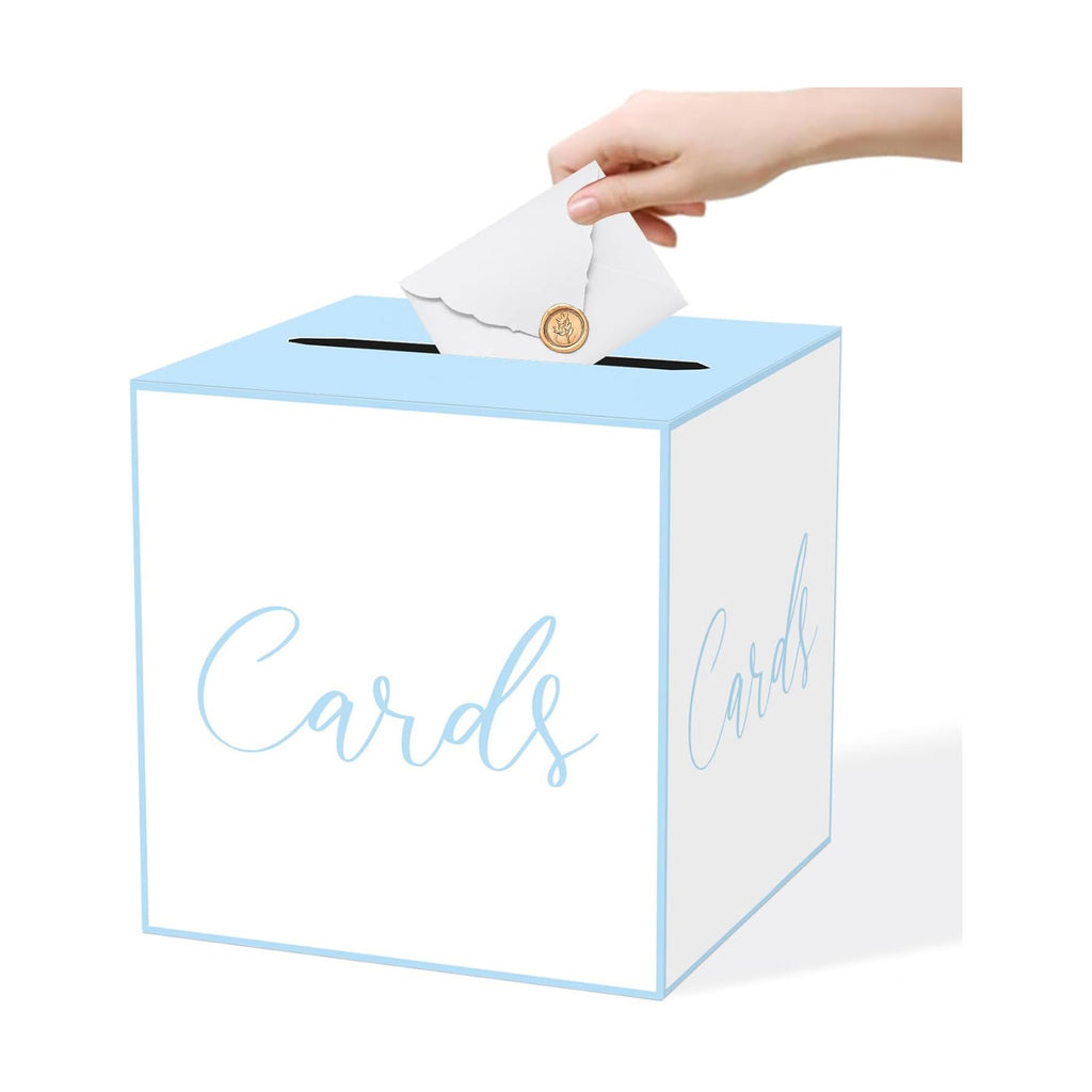 WNINK White and Blue Card Box for Parties, Weddings, Birthdays, Bridal & Baby Showers, Anniversaries, Graduations & Retirements Party Decorations – Cards, Raffle, Wishes & Money Card Boxes