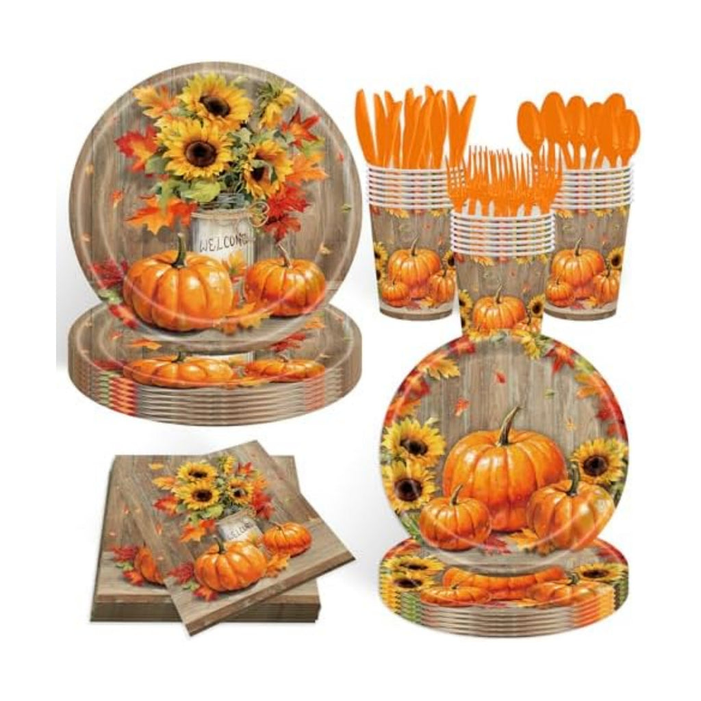 140Pcs Fall Thanksgiving Party Supplies Tableware Set for 20 Guests, Pumpkin Paper Plates and Napkins Cups Tablecloth Cutlery Straws for Autumn Harvest Party Decoration