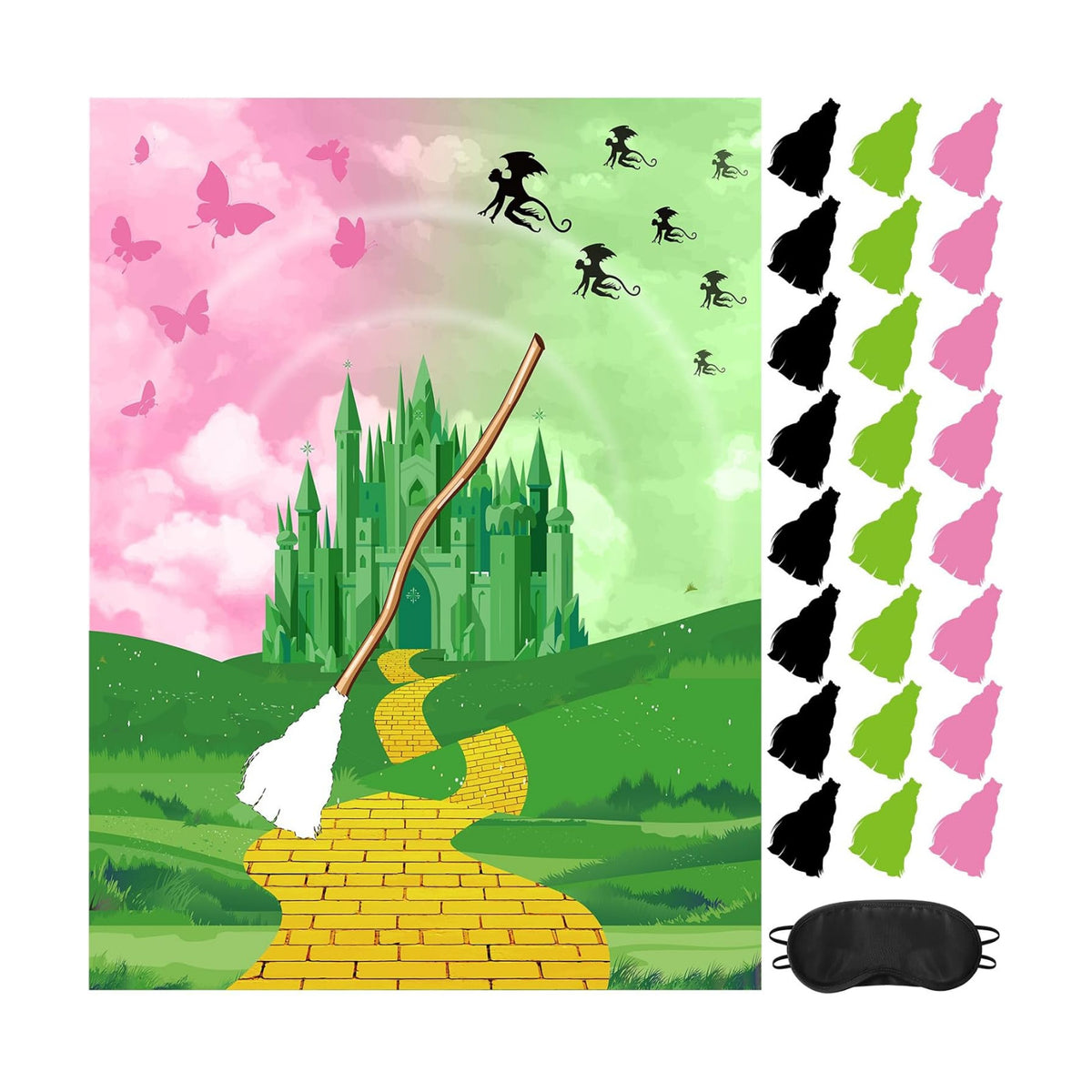 Faccito Witch Party Decorations Pin The Broom Pink and Green Games with Large Poster 24 Stickers and Blindfold Games Set for Halloween Witch Party Decorations Pink and Green Activities Supplies