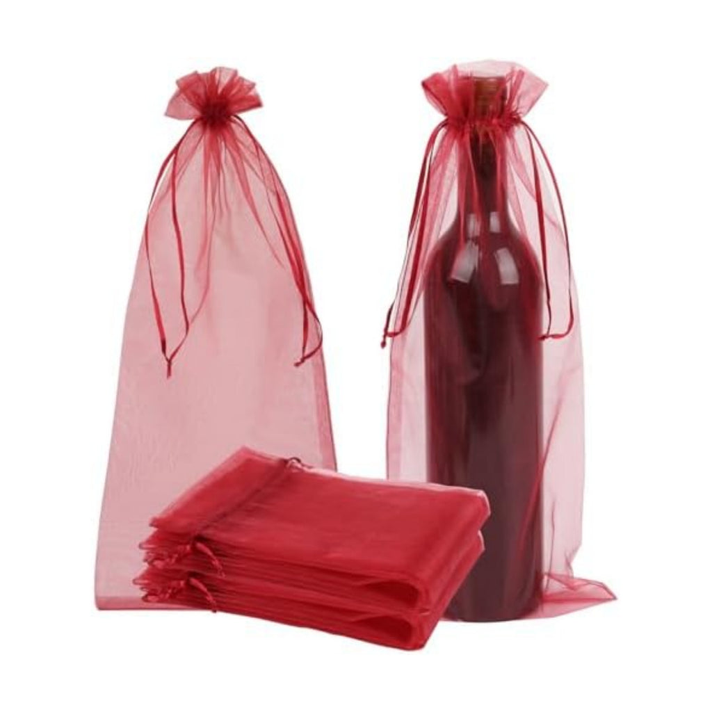 KIMOBER 30Pcs Red Organza Wine Bags, 6.3" × 14.6" Mesh Christmas Wine Bottle Gift Bags with Drawstring for Christmas, Champagne Bottles, Wedding Party Gifts