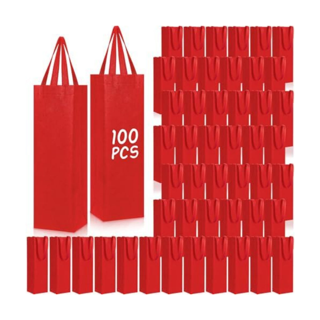 Windyun 100 Pcs Wine Gift Bags with Handle Reusable Small 13.8x3.5x3.9 Inches Liquor Bottle Totes Bulk for Birthday Wedding Christmas Holiday Party (Red)