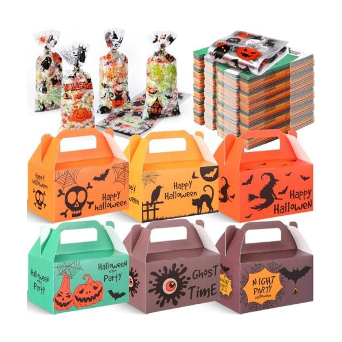 ReliThick 80 Pack Halloween Treat Box with Cellophane Bags Trick or Treat Goodie Cookie Candy Boxes for Treats Pumpkin Halloween Bag for Party