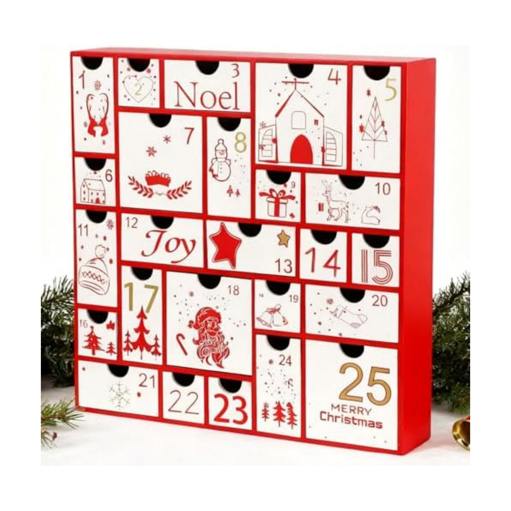 Juegoal Advent Calendar, 11.8'' Red Wooden Advent Calendars with 25 Storage Drawers Countdown to Christmas 2026, Christmas Advent Holiday Decor