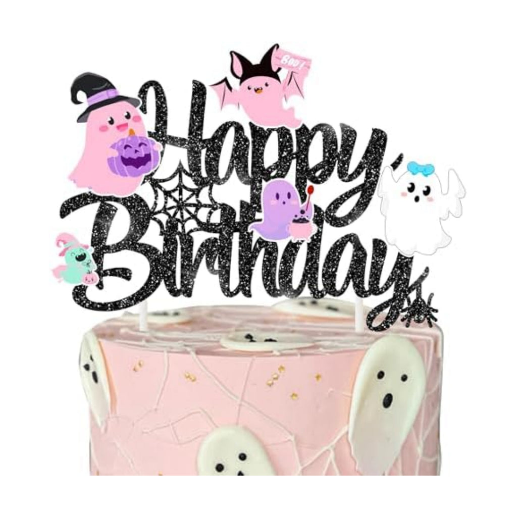 Halloween Ghost Happy Birthday Cake Topper Black Glitter Halloween Birthday Cake Decorations Pastel Ghost Cake Picks Ghosts Boo Day Baby Shower Decor for Birthday Party Supplies
