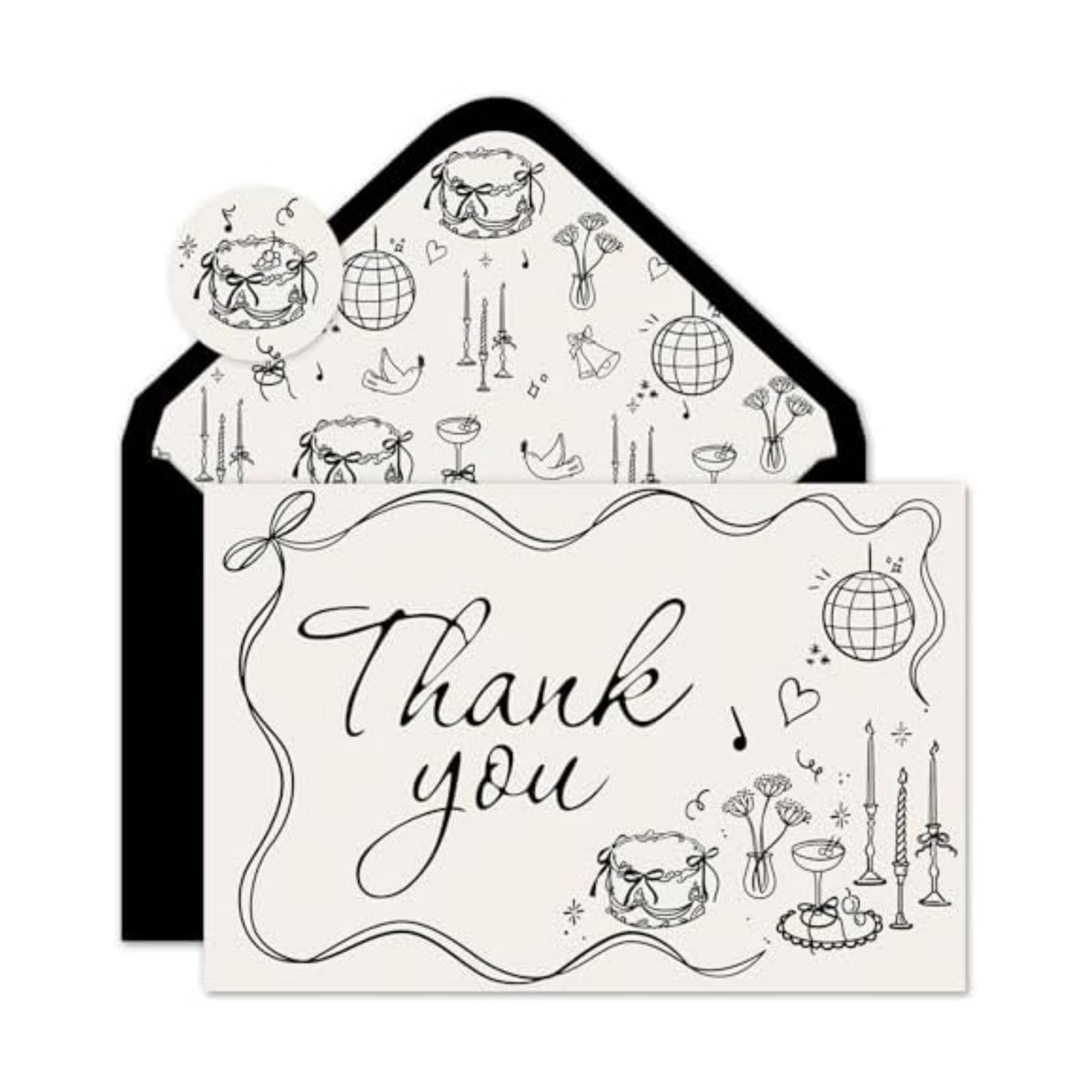 Whaline 24 Pack Wedding Thank You Cards Boxed Black Bow Greeting Note Cards Cake Disco Ball Flower Reception Card with Envelope Sticker for Bridal Shower Baby Shower Birthday Party