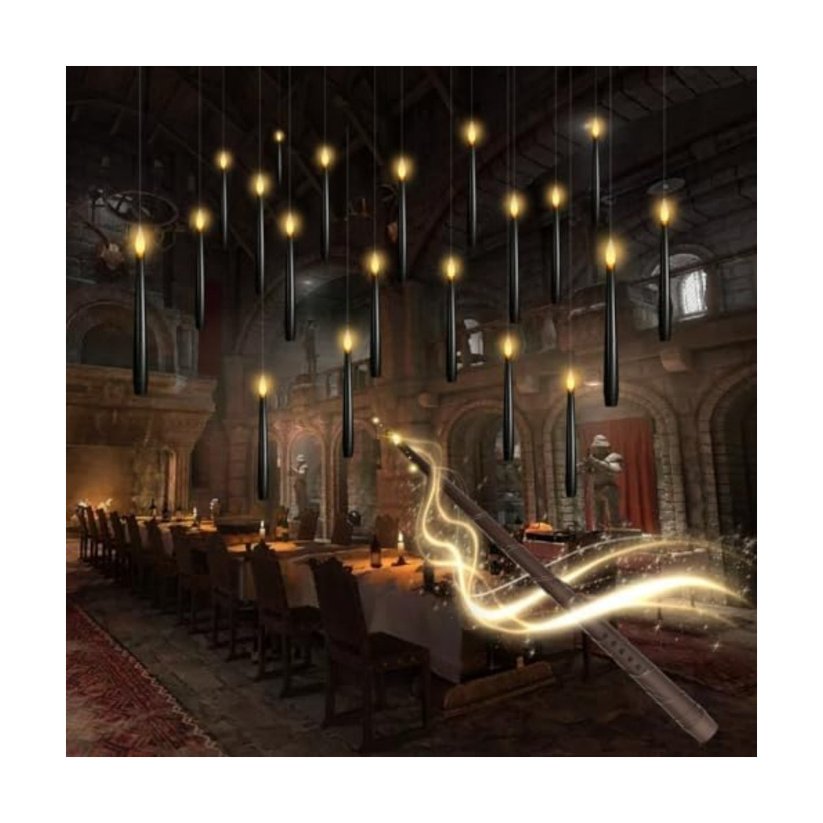 kakoya Flameless Floating Candles with Wand，20 Pcs Magic LED Hanging Taper Candles，Flickering Battery Operated Taper Candle with Wand Remote for Halloween Decorations Best Gift(Black)