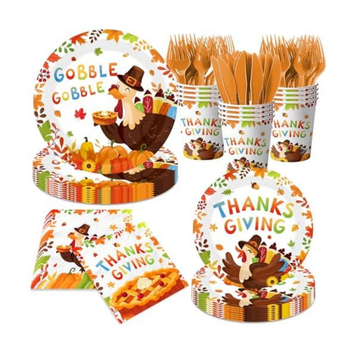 Thanksgiving Turkey Party Tableware Decorations Happy Thanksgiving Day Gobble Turkey Pie Disposable Paper Plates,Napkins,Cups,Forks and Knifes,Serve 24 for Autumn Themed Party Supplies Kit