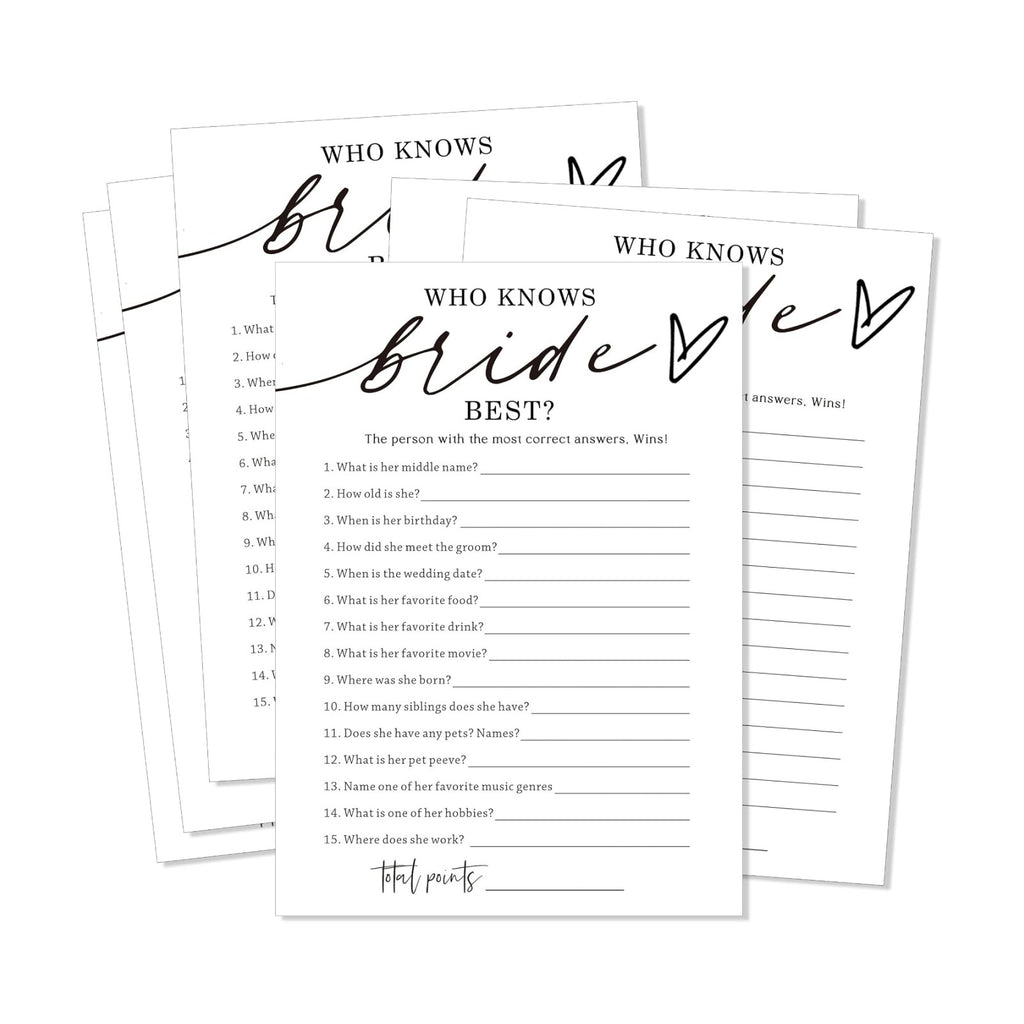 Fun Wedding Shower Games Cards Who Knows The Bride Best Engagement Party Wedding Game Bridal Shower Games 25 Guests Minimalist White Newlywed Party Supplies and Decorations - A05