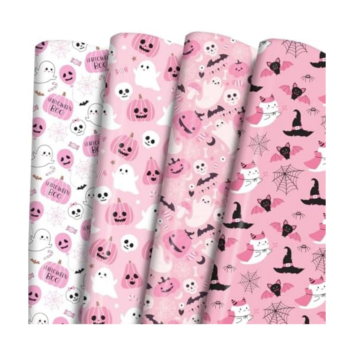 Ulmasinn Pink Halloween Wrapping Paper - Kawaii Spooky - Sweet Gift Wrap with Ghosts, Bats & Watercolor Pumpkins - 20x29-8 Sheets for Gift Bags & Party Favors