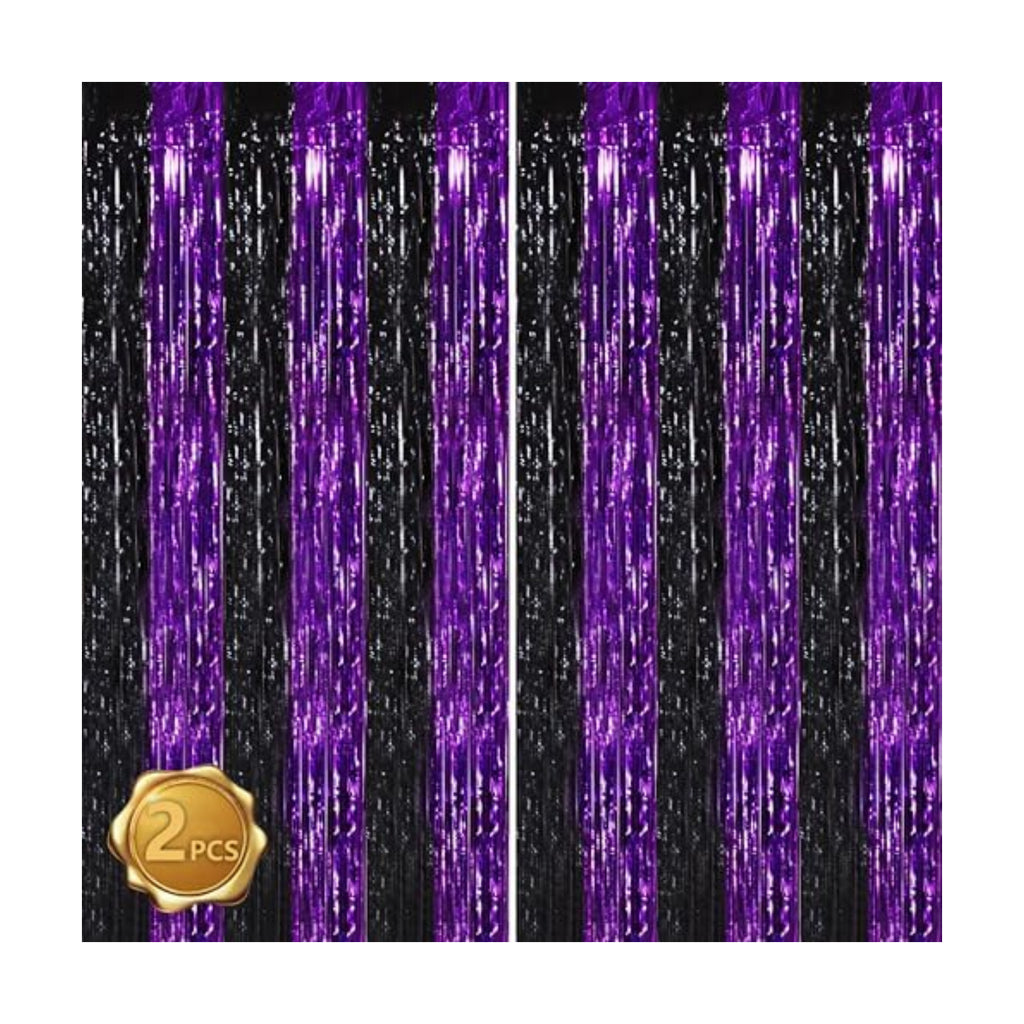 BEISHIDA Black Purple Door Streamers Backdrop Foil Fringe Tinsel Party Streamers Curtains Photo Backdrop - 2Pcs for Birthday Graduation Halloween Party Decoations