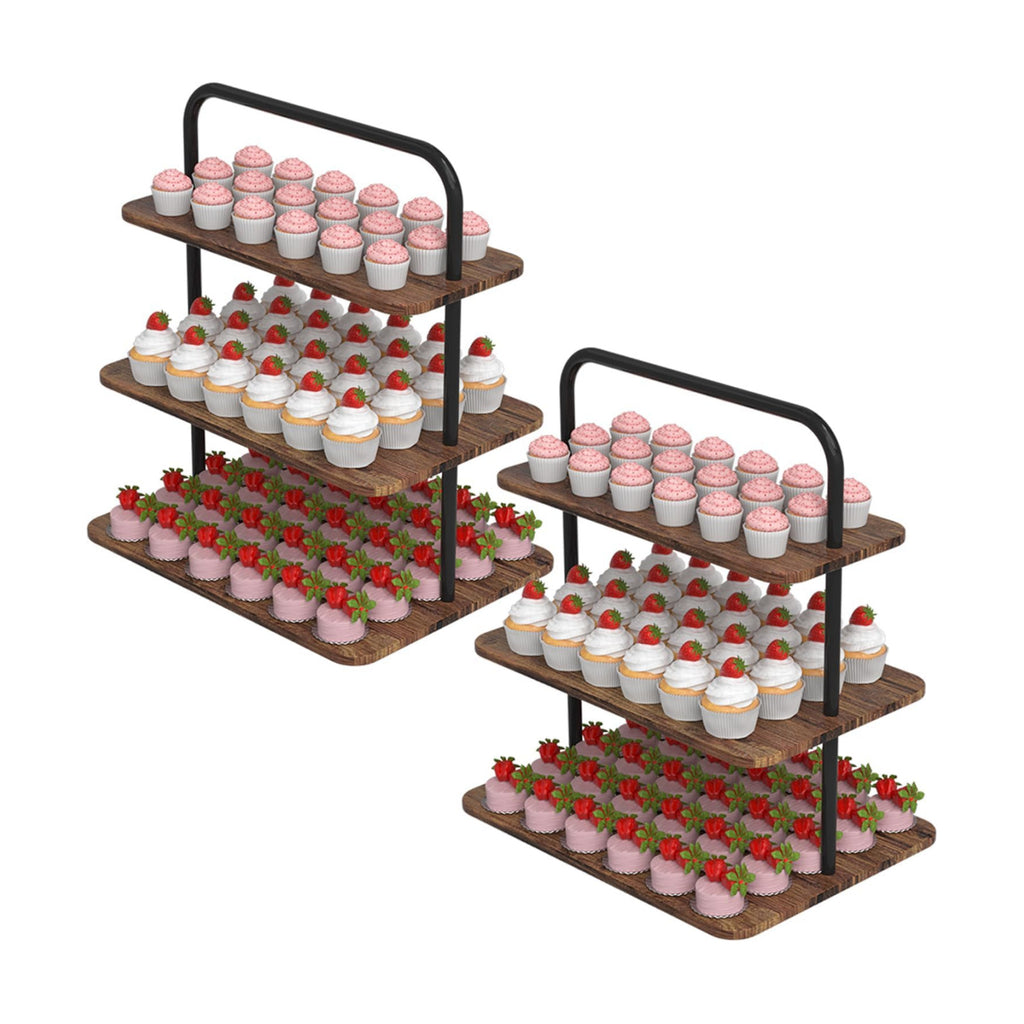 VyGrow Cupcake Stand, 3-Tier Dessert Stand for 52 Cupcakes, Wood & Metal Tower Display Premium Holder Dessert Tree Tower for Christmas Birthday Weddings Party Decor, Serving Tray, Wood Brown, 2-pack