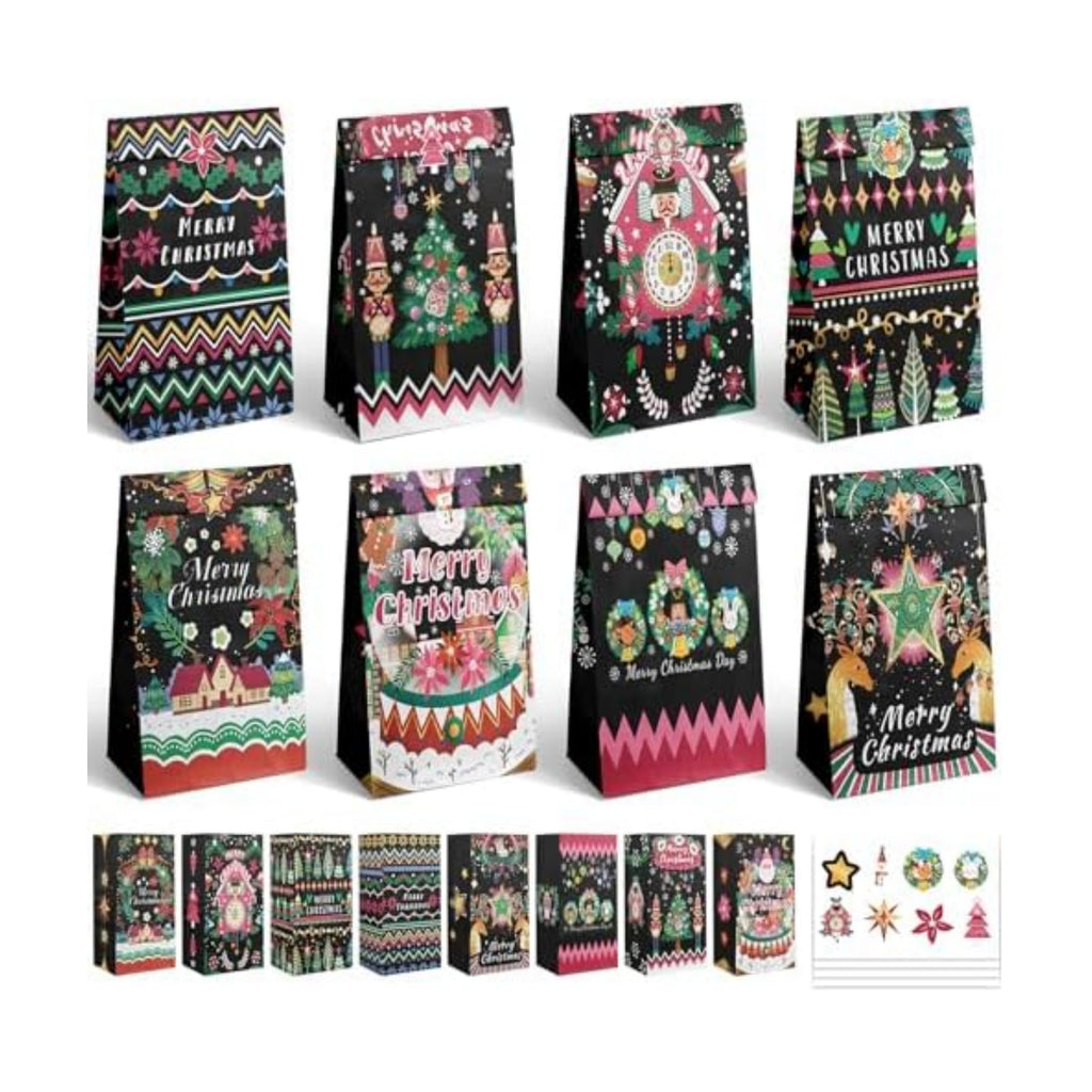 qiqee Christmas Treat Paper Bags Black Mini Xmas Party Candy Goodie Snack Bags (32Pcs Stickers 5"x3"x9.5")