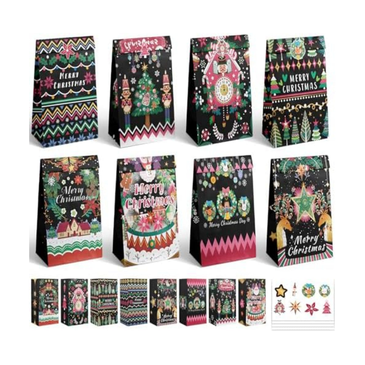 qiqee Christmas Treat Paper Bags Black Mini Xmas Party Candy Goodie Snack Bags (32Pcs Stickers 5"x3"x9.5")