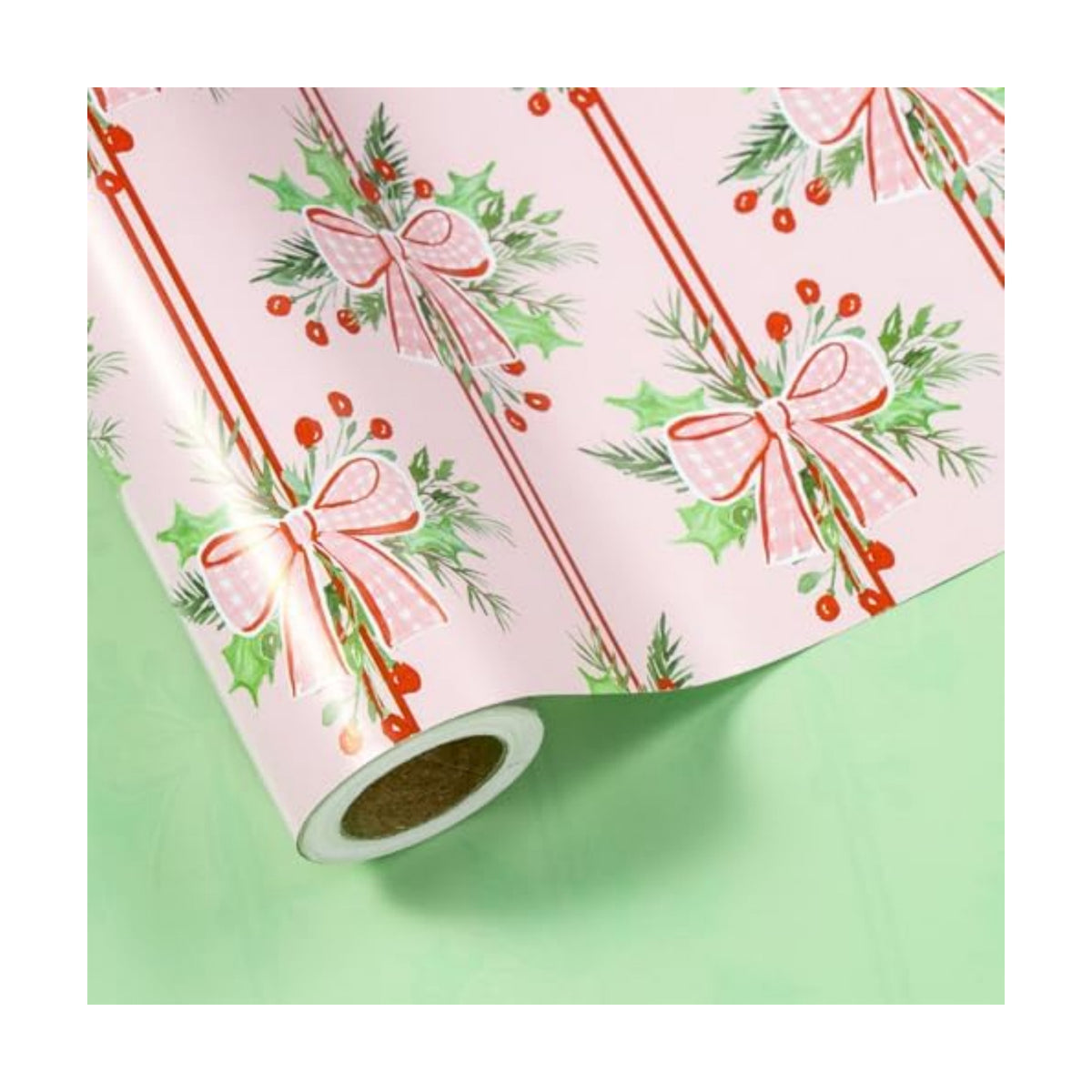 LeZakaa Christmas Wrapping Paper Roll, Pink Red Bow Berry Green Solid Color Design Holiday Gift Wrap for Kids Girls Women, Watercolor Style for Christmas Party Present, Mini Roll 17" x 16.4 ft