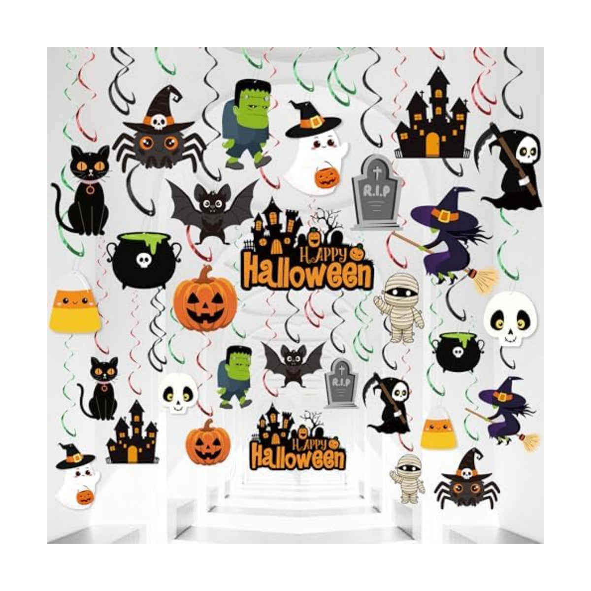 36 PCS Halloween Pre-Strung Hanging Swirl Decor Halloween Ceiling Hanging Swirls Cute Ghost Pumpkin Spider Witch Themed Ceiling Streamer for Office Home Indoor Outdoor Decoration Kids Party Supplies