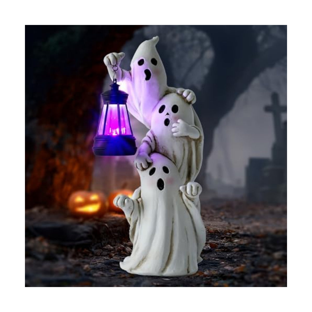 twinbling Triple Ghosts Halloween Decorations Outdoor with Solar Lantern,Cute Spooky Halloween Ghost Figurines,Ghost Decor Outside Decor for Yards Porches Gardens Lawn Party