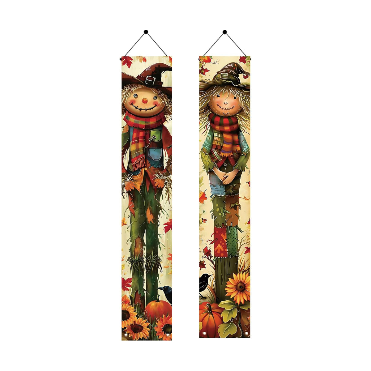 2PCS Fall Scarecrow Porch Banner Autumn Pumpkin Sunflower Hanging Banner Decorations 71 x 12 Inch Outdoor Front Door Sign Harvest Decor for Thanksgiving Yard Entrance Wall Display