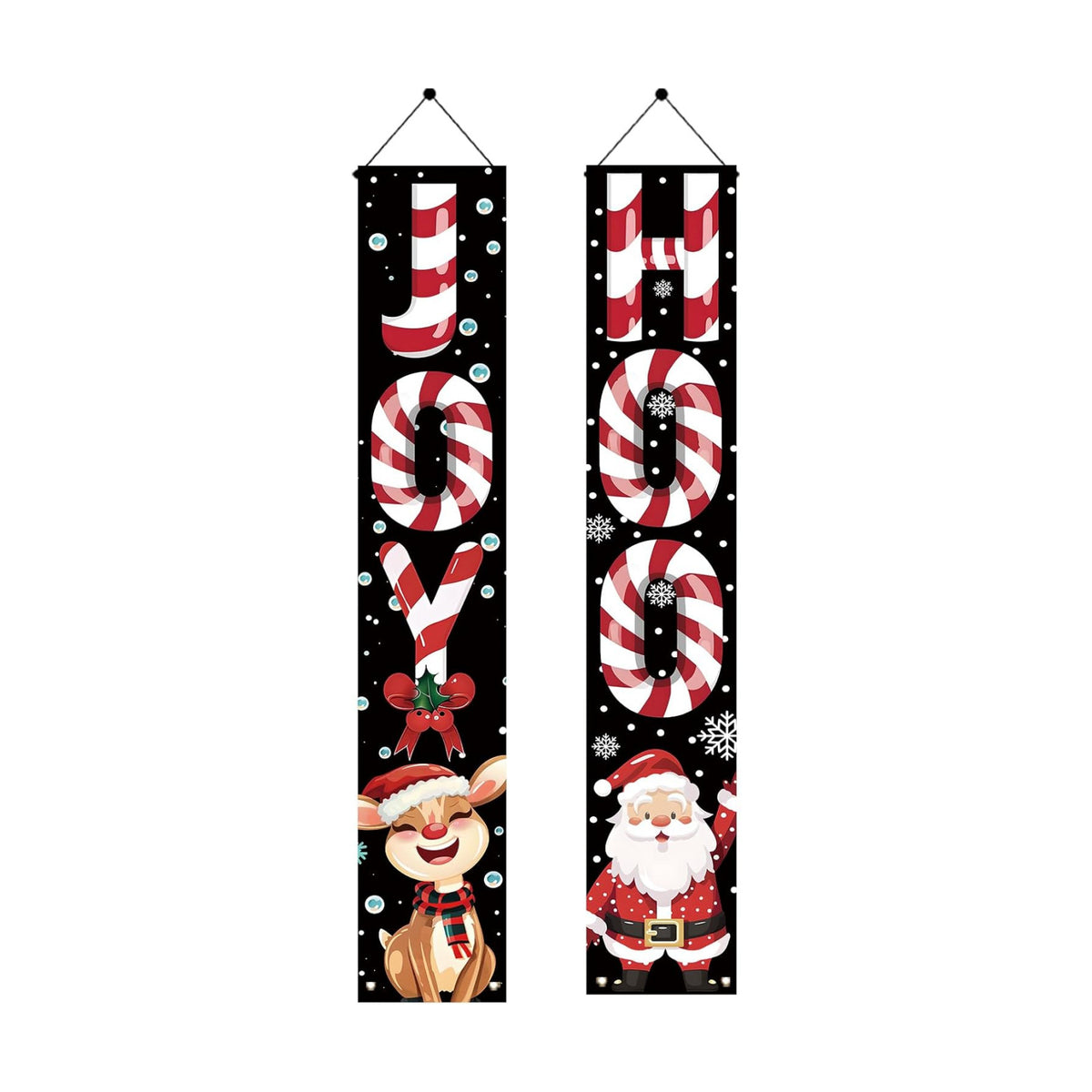 2PCS Christmas Porch Banner Decorations 71 x 12 Inch JOY HOHO Candy Cane Hanging Sign Santa Claus and Reindeer Outdoor Front Door Holiday Banner for Winter Yard Party Wall Decor