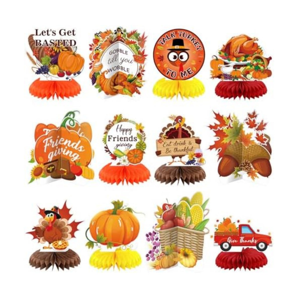 12 Pcs Thanksgiving Party Decoration Friendsgiving Honeycomb Centerpiece Happy Friendsgiving Table Decoration Fall Pumpkin Turkey Gobble Till You Wobble Thanksgiving Table Topper for Party Supplies
