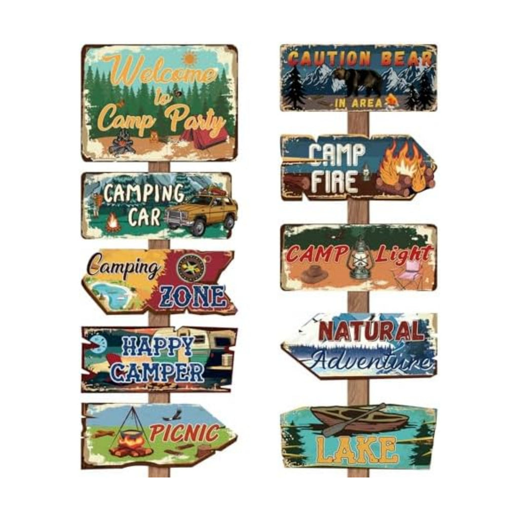 Hooqict 20 Pieces Camping Party Decorations Camping Themed Party Directional Signs for Summer Camp Day Classroom Welcome to Camp Birthday Decor Picnic Yard Sign