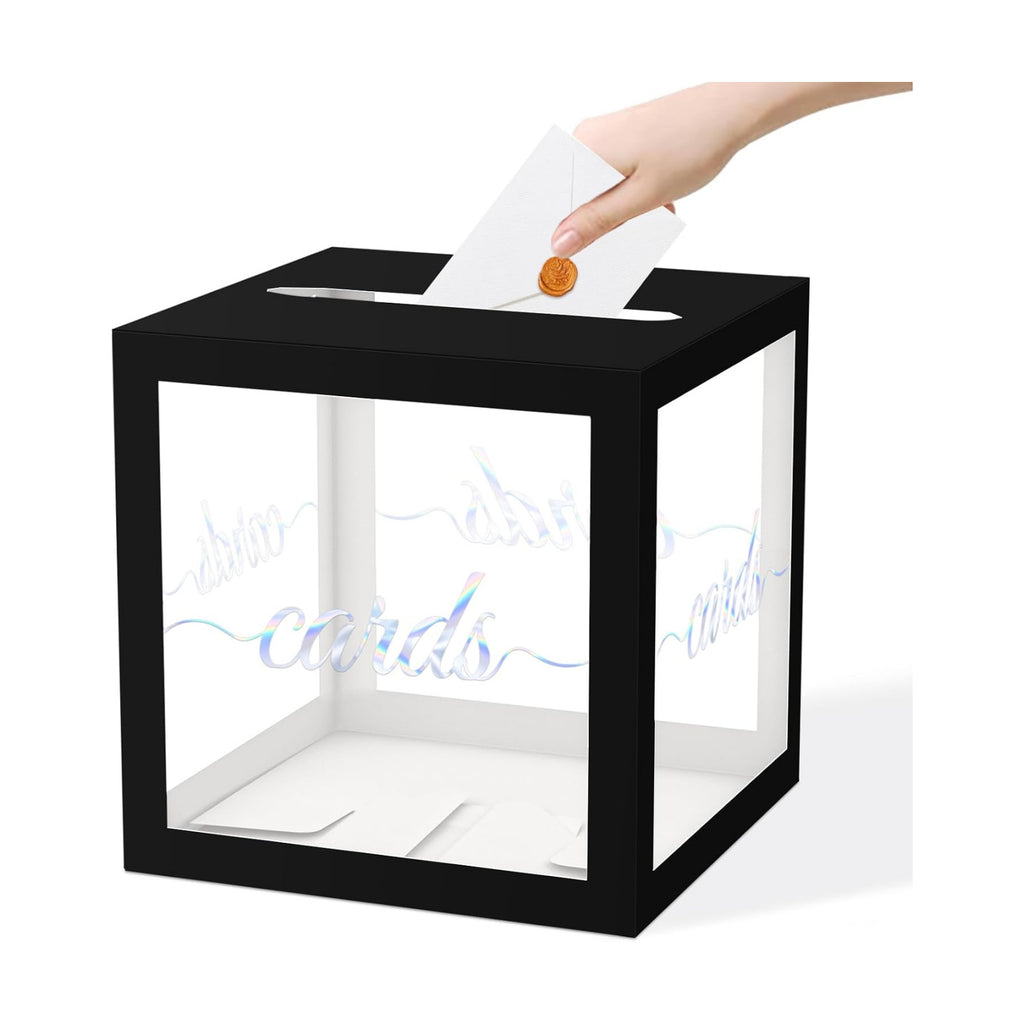 QISOLIY Black Clear Iridescent Card Box for Party 8.7" Wedding Card Boxes for Reception Holder Money Box for Birthday, Baby & Bridal Shower, Graduation, Retirement, Anniversaries Party Decoration