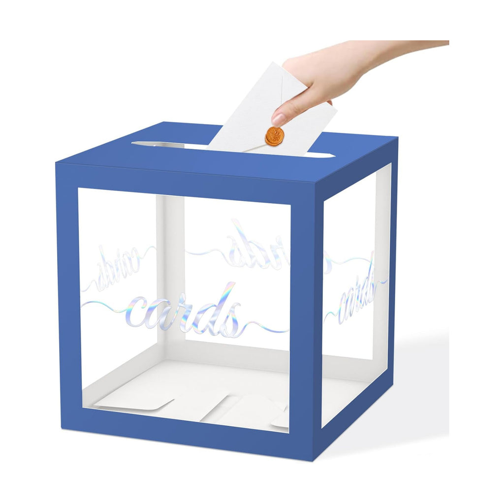 QISOLIY Navy Blue Clear Laser Silver Card Box 8.7" Wedding Card Boxes for Reception Holder Money Box for Graduations, Baby Showers, Birthdays, Weddings, Retirements, Open Houses, Anniversaries