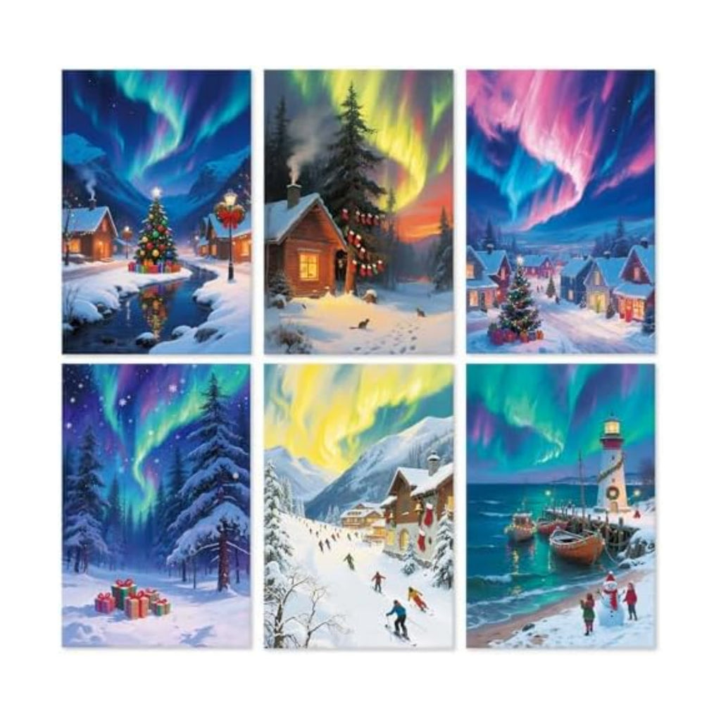 24 Pack Northern Lights Christmas Cards with Envelopes and Stickers, 6 Aurora Borealis Designs Cards for Christmas New Year Birthday, Boxed Winter Holiday Greeting Cards, 4x6in