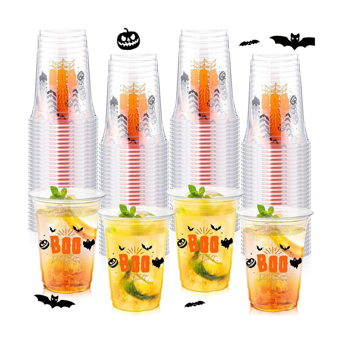 100 Pcs Halloween Plastic Cups Bulk 16 oz Disposable Clear Boo