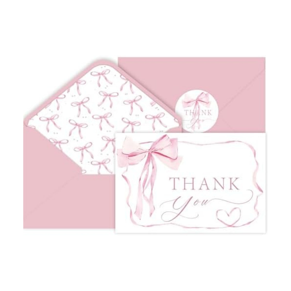 24 Pack Pink Bow Thank You Cards, Bowknot Bridal Shower Greeting Card with Envelopes and Stickers for Birthday Summer Wedding Baby Shower Party Supplies