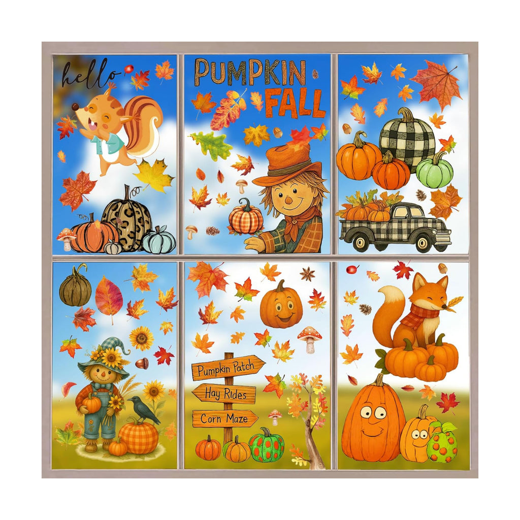 DC-BEAUTIFUL 153 Pcs Fall Window Clings, 12 Sheets Double Sided Autumn Pumpkin Scarecrow Maple Leaf Glass Stickers, Reusable Static Thanksgiving Window Decals Party Decors for Home Office School Shop