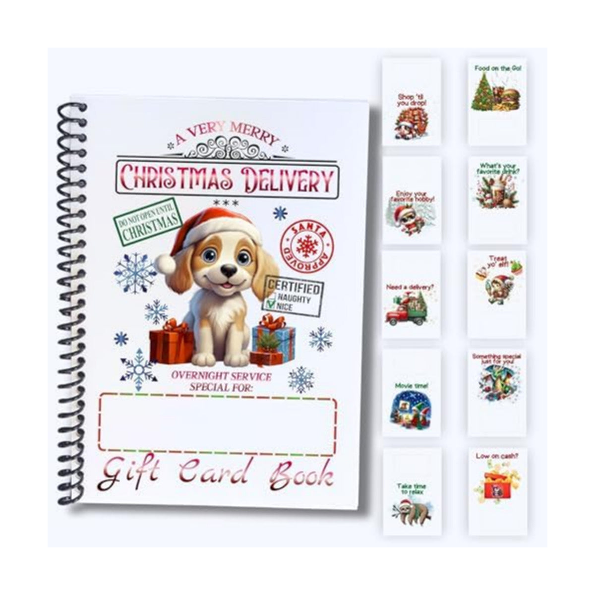 Christmas Gift Card Book 5x7 inches with Stickers, 10 Page Soft Cover Spiral Bound with Protective PVC Cover, and 20 Double Sided Sticky Dots - 8 Different Cover Design Options (Christmas Delivery Dog)