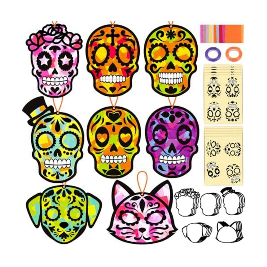 Renbuzhu 36PCS Dia De Los Muertos Crafts Bulk: Sugar Skull Paper Suncatchers DIY Kit for Day of The Dead Halloween Party Activities Decorations, Window Stained Glass Effect Art Supplies