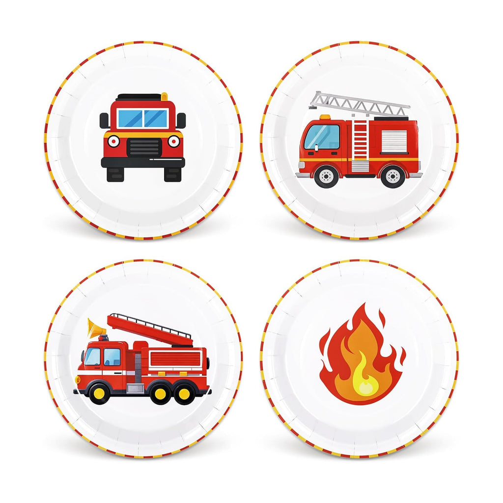 Whaline 40 Pcs Fire Truck Birthday Party Paper Plates 9 Inch 4 Designs Disposable Fireman Theme Plates Engine Rescue Dessert Plate for Kids Boys Firefighter Baby Shower Supplies Table Decor
