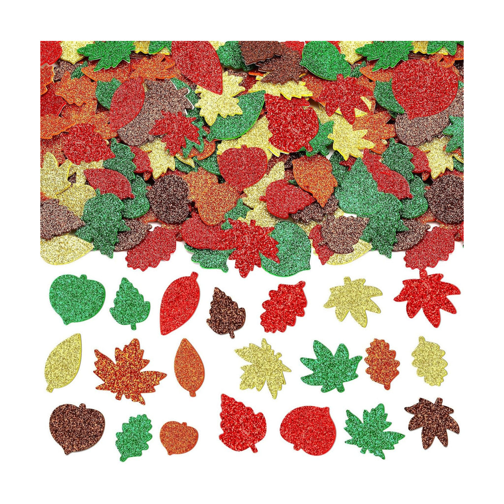 JULBEAR 300Pcs Fall Leaf Foam Stickers, Glitter Maple Leaves Decals