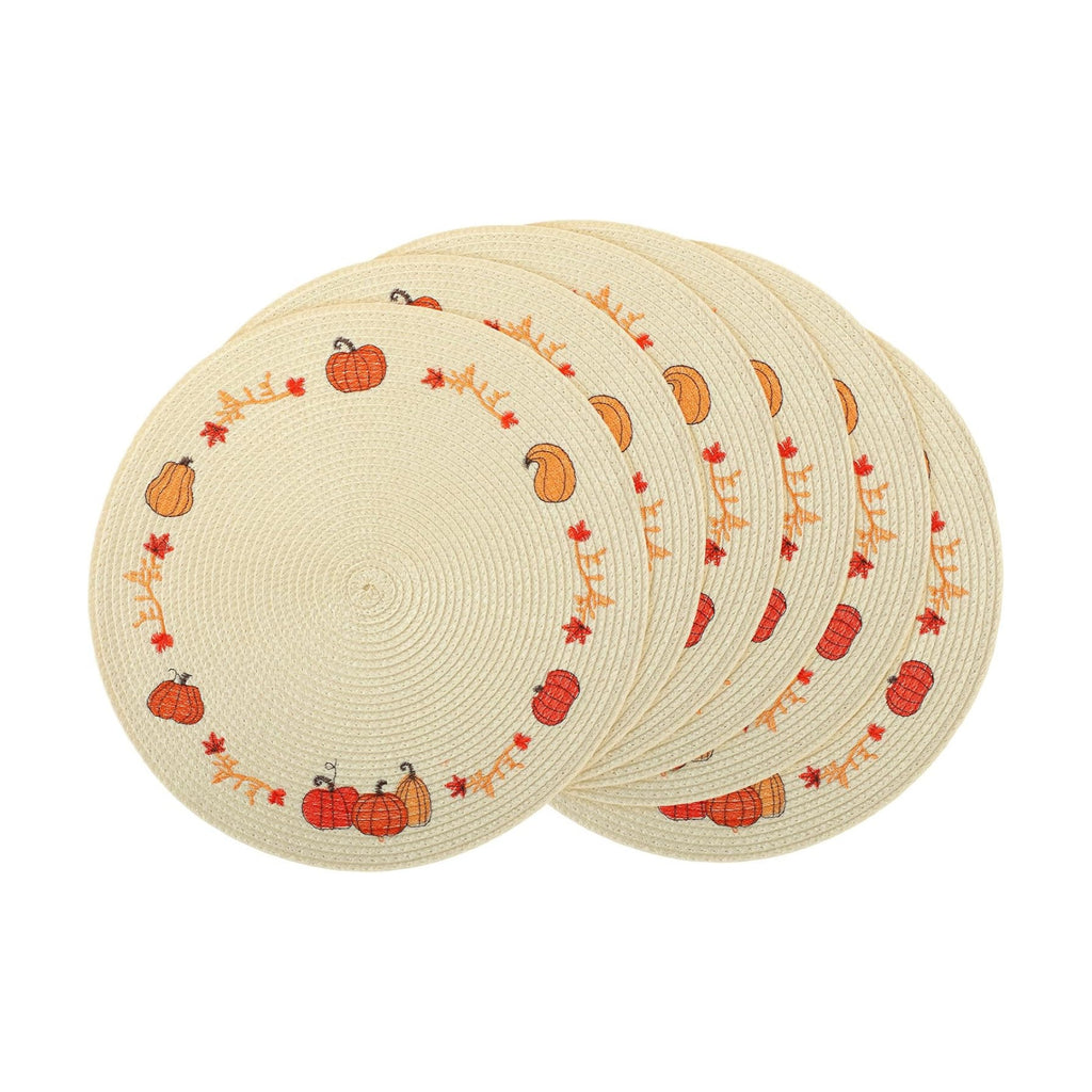 Remerry Thanksgiving Pumpkin Placemats Set of 6, 13" Leaves Pumpkins Fall Table Mats Round Weaving Embroidered Heat-Resistant for Thanksgiving Halloween Party Kitchen Dining Restaurant Decoration