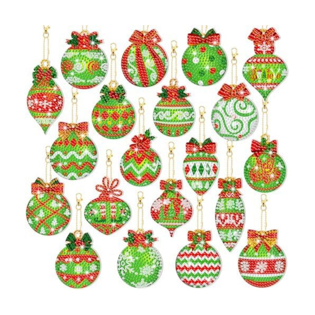 Tondiamo 20 Pcs Christmas Diamond Painting Keychain Kits 5D DIY Diamond Art Pendants Double Sided Hanging Key Chains for Christmas Party Decoration DIY(Green Balls)