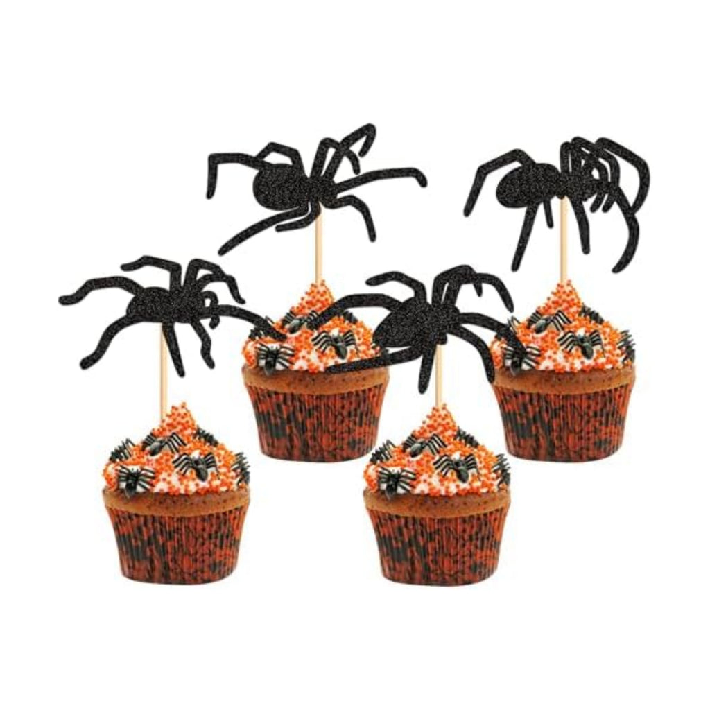 Ercadio 32Pcs Glitter Black Spiders Cupcake Topper Halloween Spider Cupcake Picks Horrible Animal Food Picks for Halloween Spider Birthday Cupcake Decoration Halloween Party Supplies