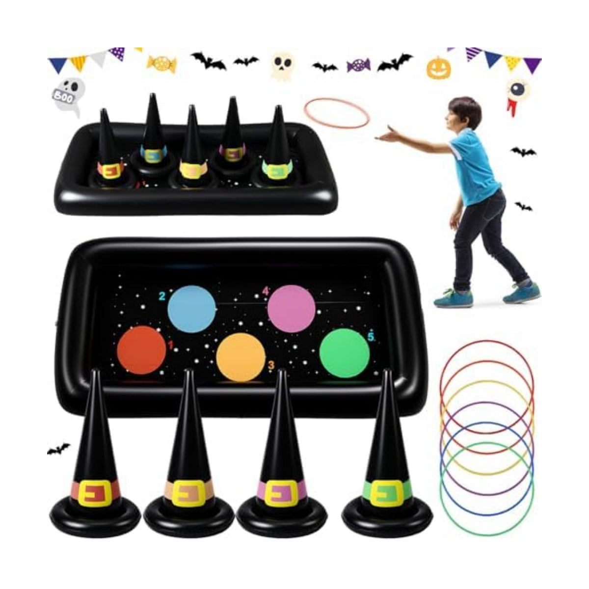 Soulchen Giant Halloween Ring Toss Games Carnival Games Inflatable Witch Hat Ring Toss with Weighted Bottom Witch Hat Rings for Kids Adults Halloween Party Carnival Classroom Outdoor Indoor School