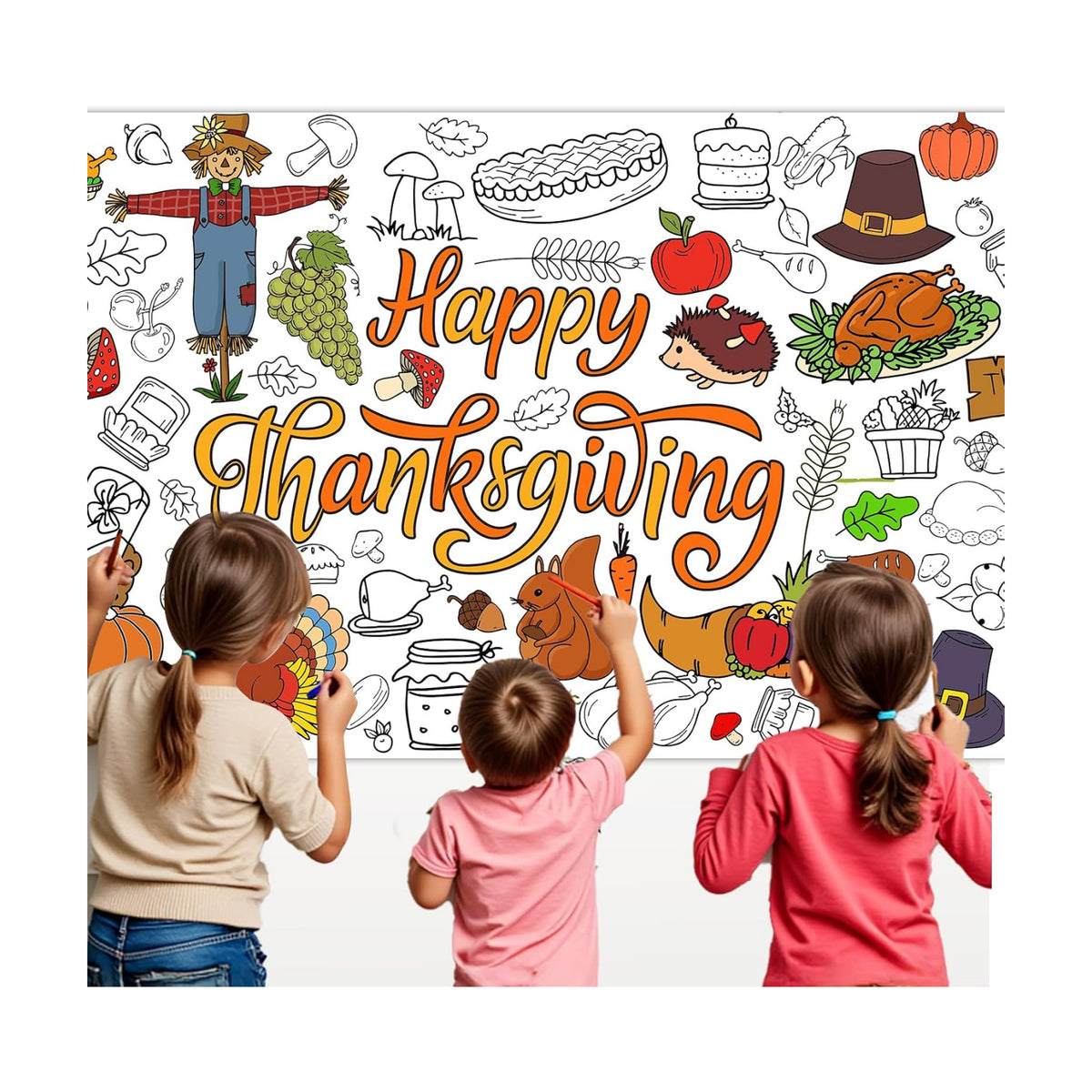 Thanksgiving Coloring Tablecloth 31×72 in, Large Paper Table Cover with Pumpkins, Turkeys, Scarecrow and Harvest Designs, Holiday Party Coloring Poster for Activity Arts and Crafts