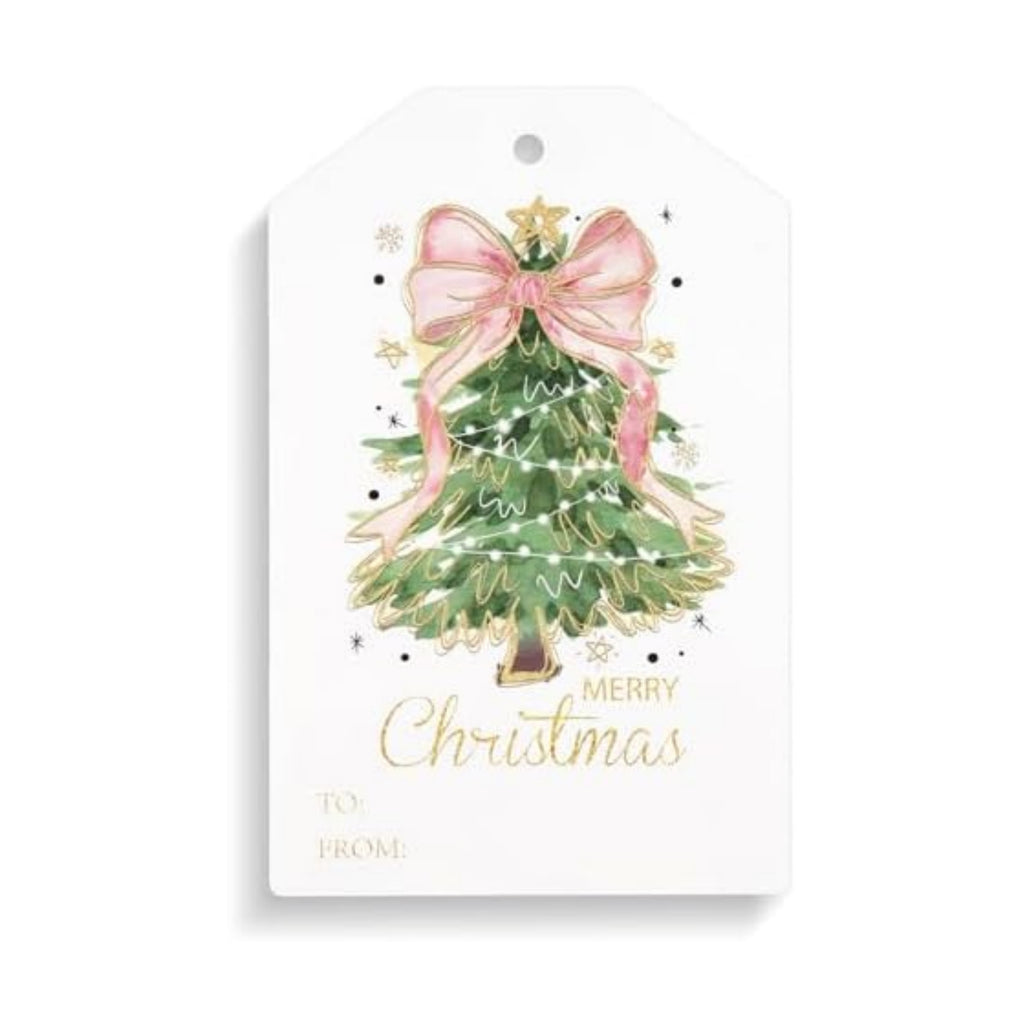 Teling 50 Pcs Christmas Gift Tags with String Pink Bow Merry Christmas Tags