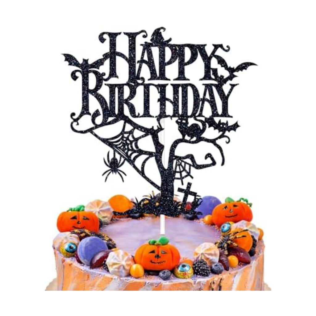 Black Glitter Halloween Happy Birthday Cake Topper, Spooky Haunted House Cake Decor, Creepy Horror Birthday Themed Party Decorations Supplies