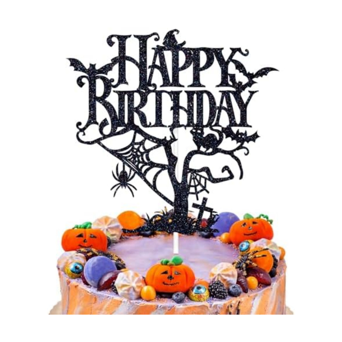 Black Glitter Halloween Happy Birthday Cake Topper, Spooky Haunted House Cake Decor, Creepy Horror Birthday Themed Party Decorations Supplies