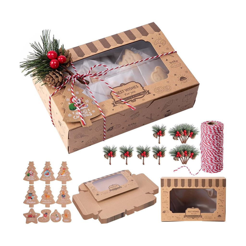 36 Pcs Christmas Cookies Box with Pine Picks,15 Pack Christmas Treat Boxes