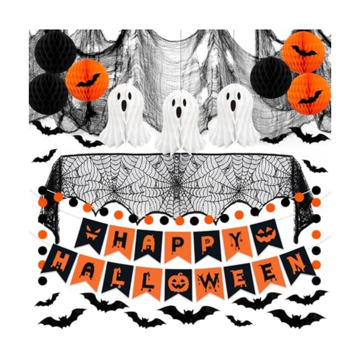 Halloween Party Decorations, 29Pcs Halloween Indoor Decorations Kit with Mantel Scarf Creepy Cloth Fabric Hanging Ghost Happy Halloweens Banner 3D Bat Stickers for Home Fireplace Wall Decor