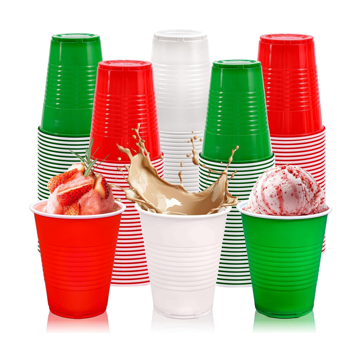 JarThenaAMCS 150Pcs Christmas Plastic Cups 12Oz Red Green White Disposable Drinking Cup Stackable Party Cups for Xmas Birthday Events Supplies