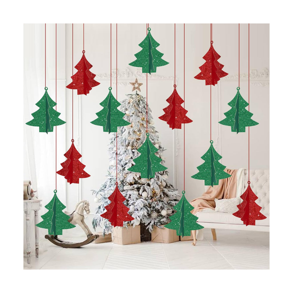 BEISHIDA Red Green Christmas Decorations, 14 Pcs 3D Christmas Tree Paper Garland Xmas Hanging Streamer Party Decorations for Baby Shower New Year Party Supplies
