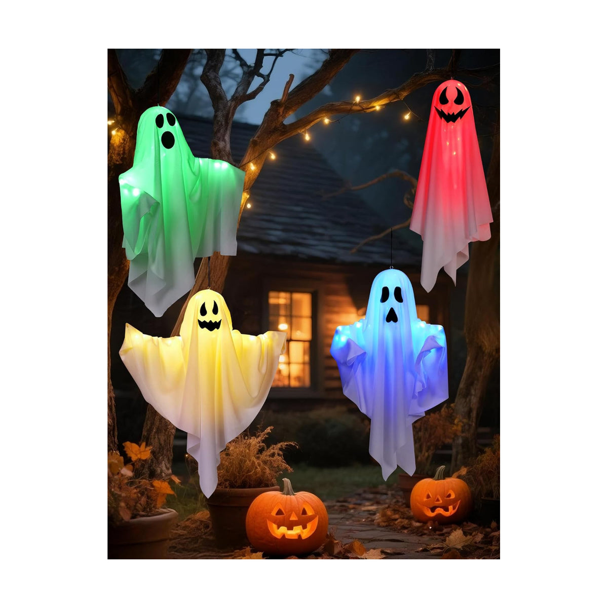 Halloween Decorations Outdoor Indoor 4 Pack Hanging Ghosts Halloween Haunted House Light Up Kit Decor for Tree House Yard Porch Window Bedroom Party