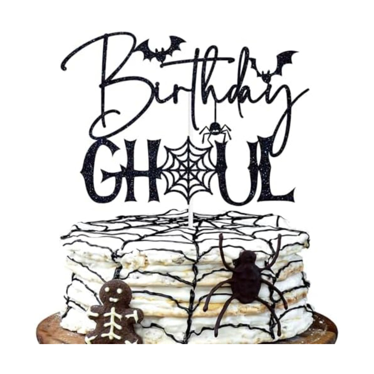 Black Glitter Birthday Ghoul Cake Topper, Spooky Spider Halloween Birthday Cake Décor, Ghost Halloween Bridal Shower Baby Shower Party Decorations Supplies